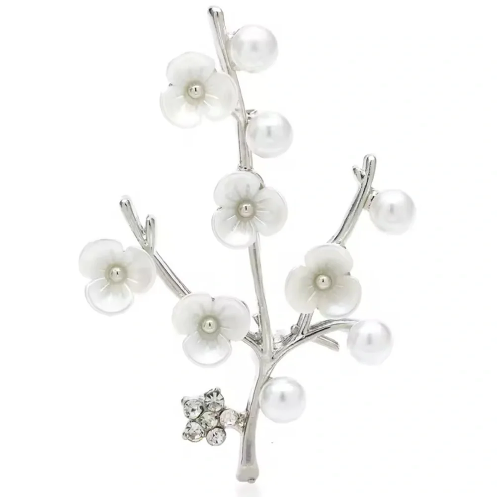 Cherry Blossom Silver Pearl Floral Brooch